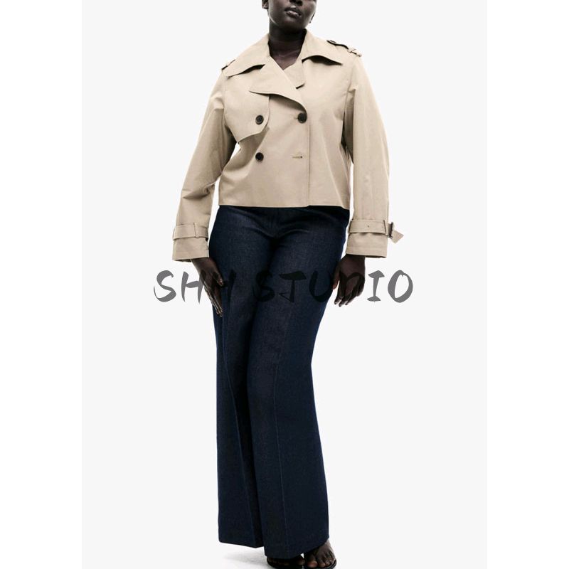 New Fall Women's Clothing Loose Design Flat Collar Long Sleeves Double Breasted Short Imitation Trench Coat Outwear 1202762