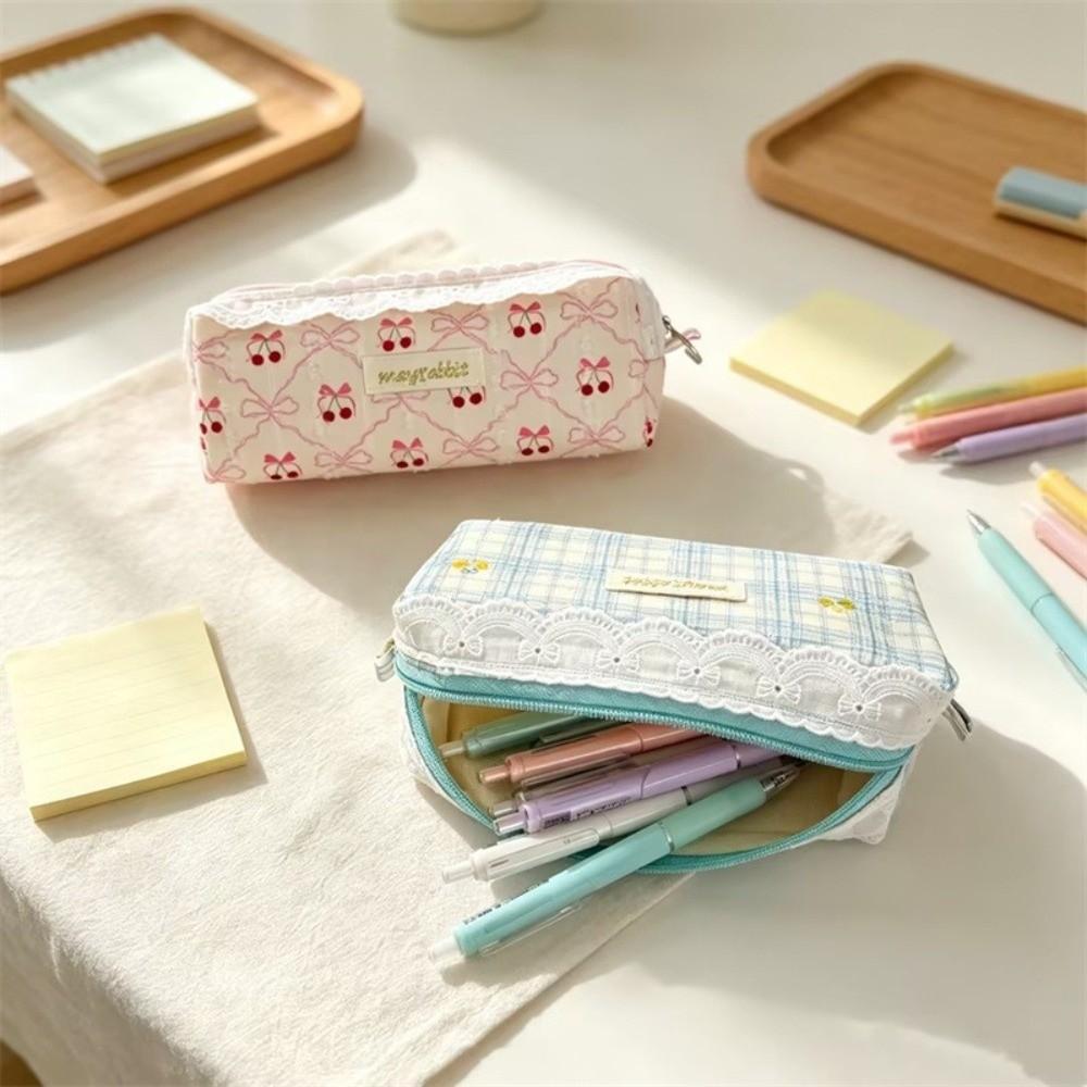 Cherry Bow Pen Pouch Large Capacity Cosmetic Pouch Cute Clutch Bags School Stationery