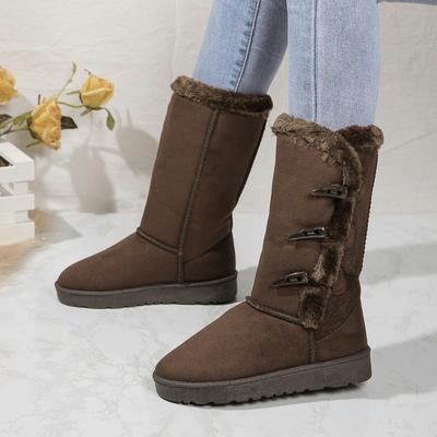 Neue warme und bequeme dekorative Stiefel mit Schnalle, einfarbig, schlichte Modestiefel, runde Zehenpartie, flache, lässige Winterschuhe für Damen
