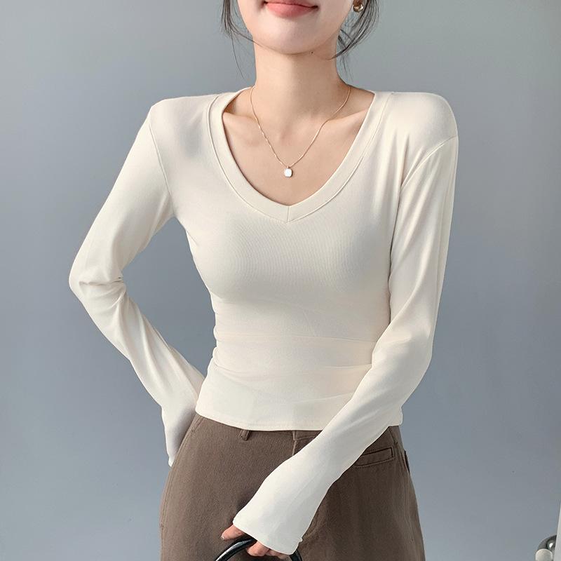 Love Collar Base Shirt Inner and Outer Design Top White Long Sleeved T-shirt with Front Shoulder V-neck