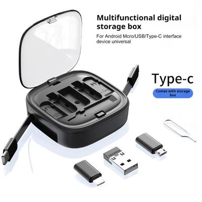 Data Cable Adapter Box with USB 8-Pin for Android Convertor SIM Card Removal Pin Storage Slots Multi-function 60W Retractable Type-C Charging Cord