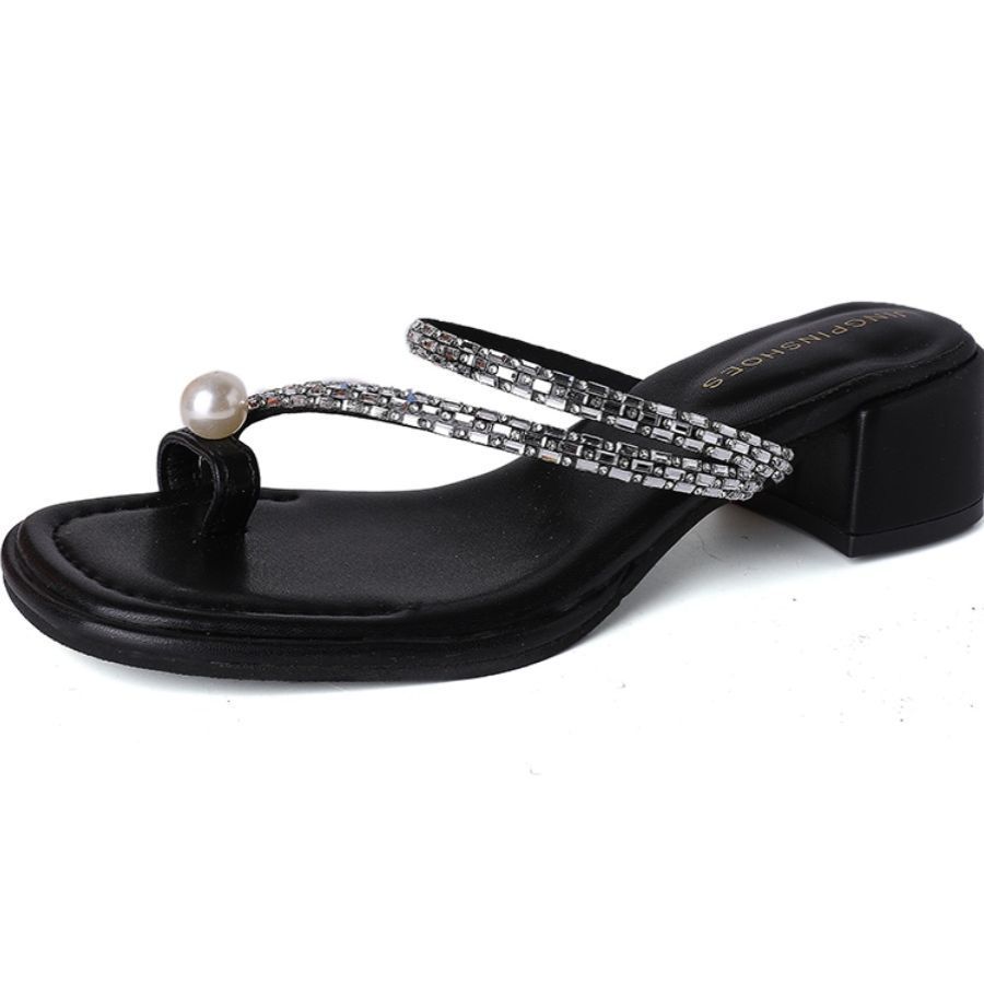 Coarse heel set toe pearl word sandals women's 2025 summer new fashion black temperament slippers women's outer shoes