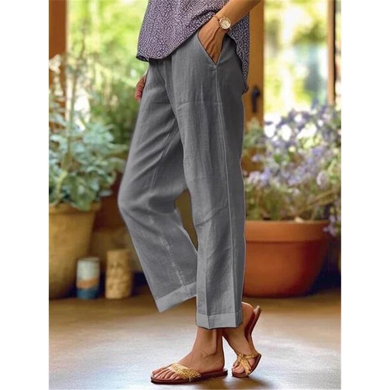 Women's Cotton And Linen Plus Size Plus Loose Solid Color Elastic Waist Pocket Straight Casual Pants