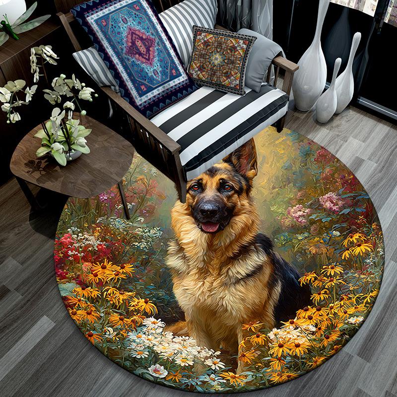German Shepherd Round Area Rug,Carpet Rug for Living Room Bedroom Sofa Playroom Decor,Non-slip Floor Mat