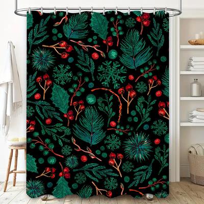 Moderne Kerst Douchegordijn met Groen Rode Bessen Zwart Bad Decor voor Feestdagen 3D Geprinte Stof Waterdicht Huis