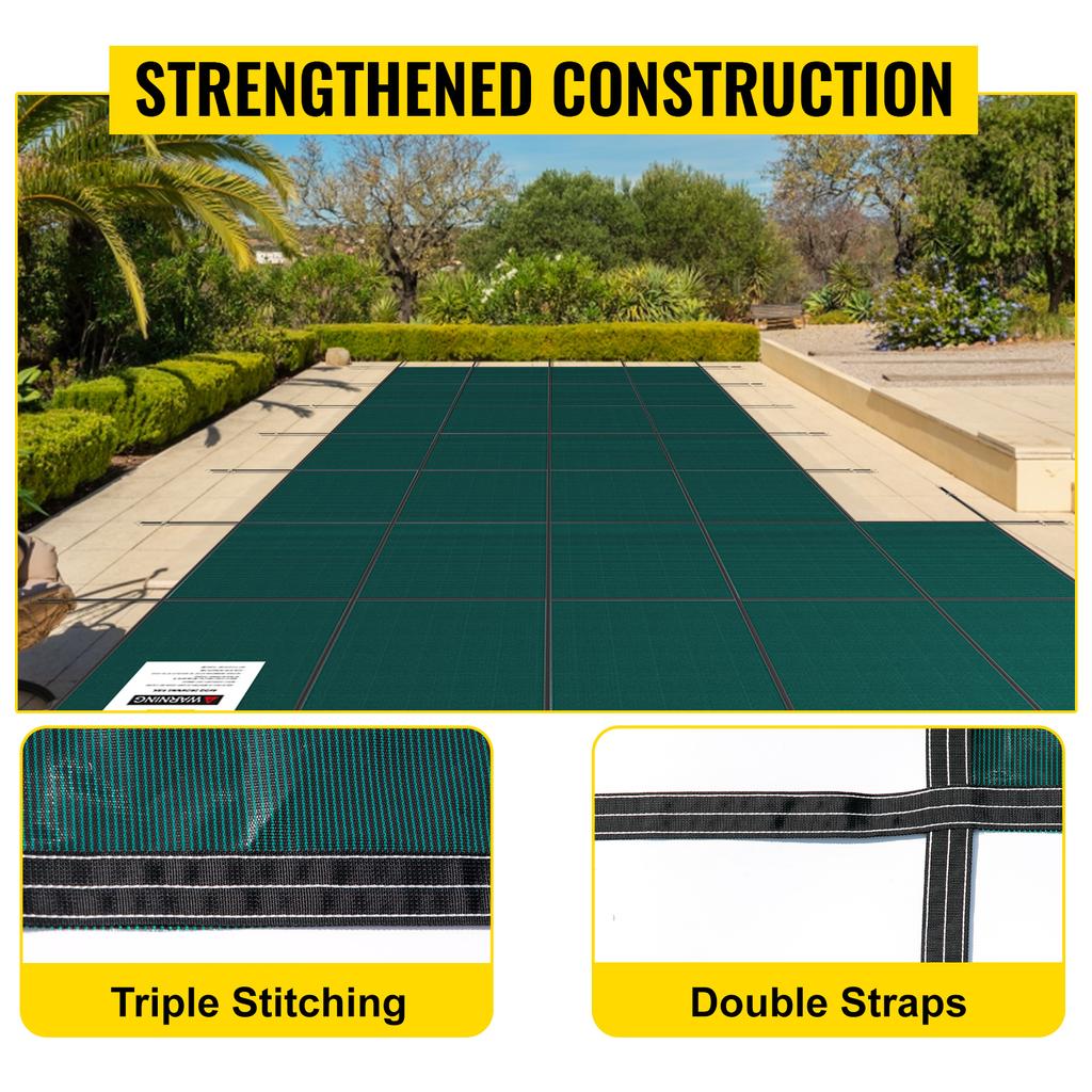SucceBuy Inground Pool Safety Cover Rectangular PP Swimming Cover with Right Step Strength Mesh Rain Permeability for Garden