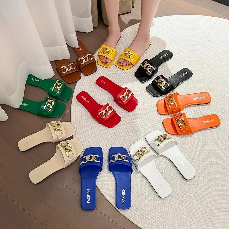 Summer Fashion Modern Slippers Women Flat Pleated Solid Leather Chain Decoration Rubber Sole Sexy Slides Ladies Summer Footwear