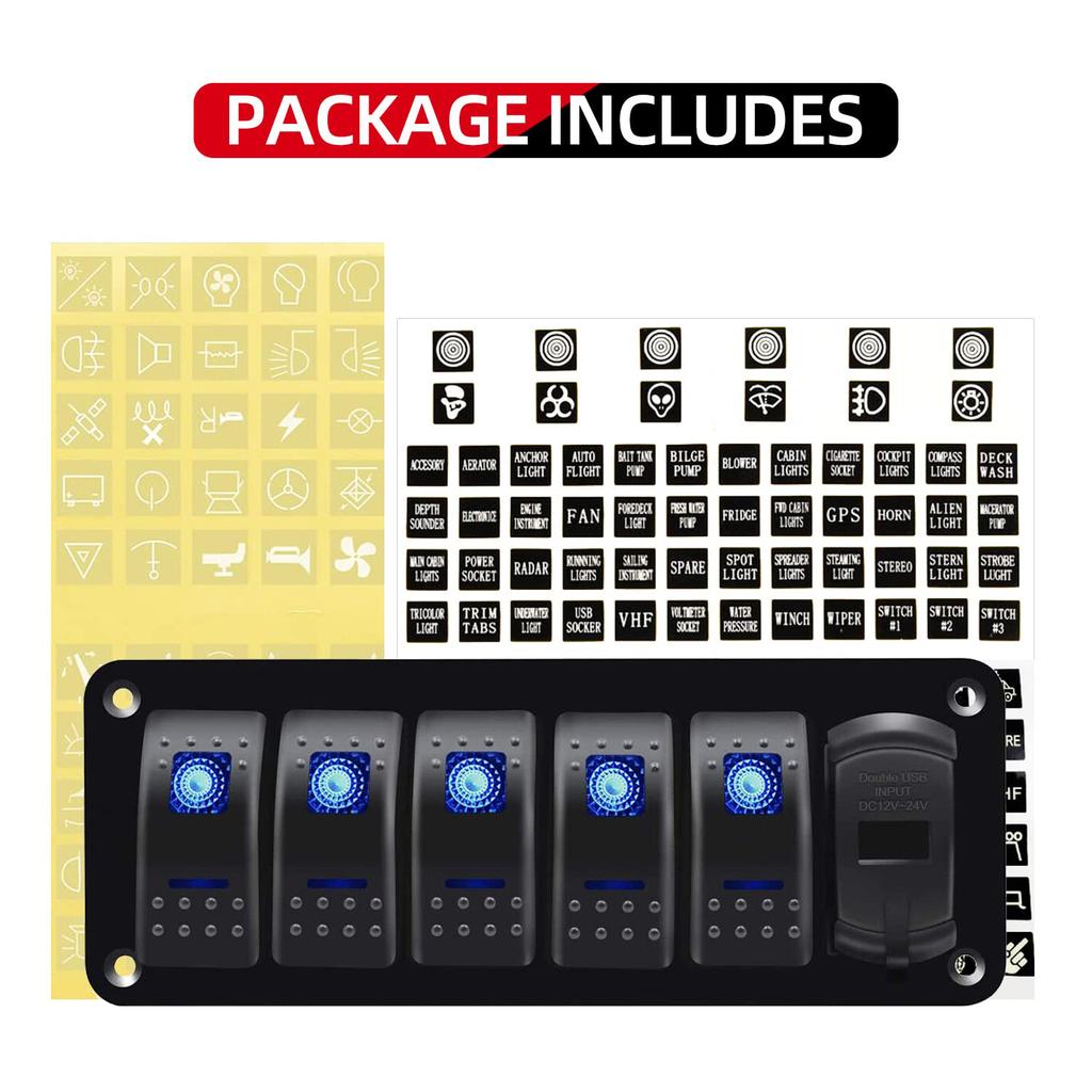 6 Gang Rocker Switch Aluminum Panel with Voltmeter 4.2A Dual USB Fast Charging Blue LED Pre-Wired IP65 Waterproof for Marine Car