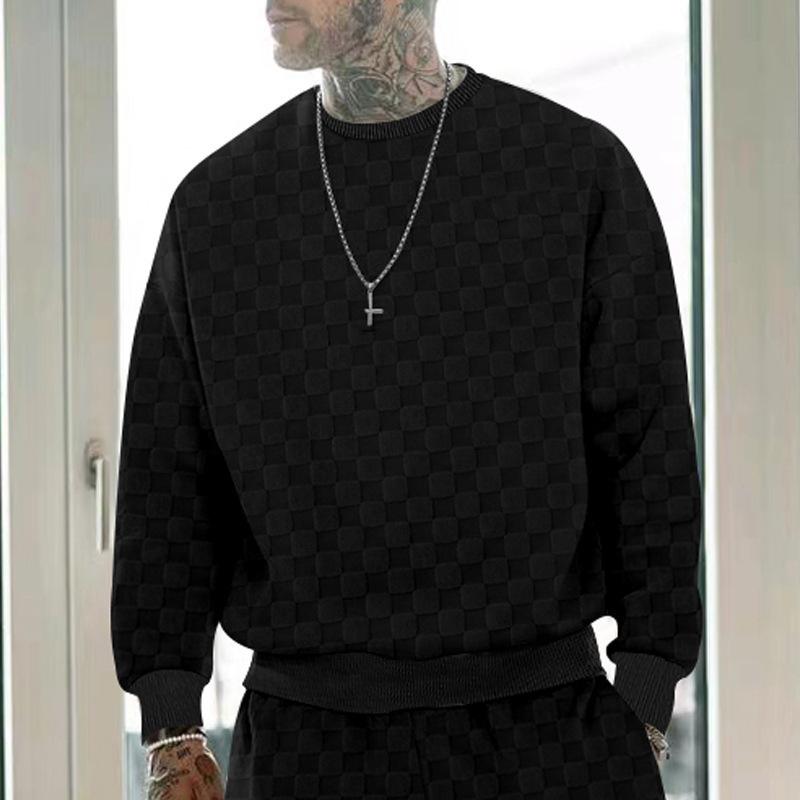 Men's Autumn and Winter Heavy Jacquard Checkerboard Checkerboard T-shirt Men's T-shirt Round Neck Casual Bottoming Shirt Knitted Long-sleeved T-shirt