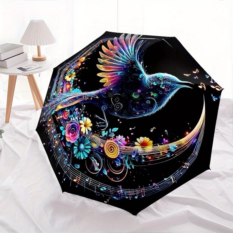 

1pc Colorful Bird Amidst Musical Notes and Flowers Automatic Folding Umbrella - 3 Folding Design, Vivid Cartoon Pattern, Suitable for Outdoor Act