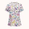 Women's Scrub Cute Dinosaur Print Fashion Animal Cartoon Vet V-Neck Short Sleeve Nurse Tops Casual Dental Clinical Uniform Woman