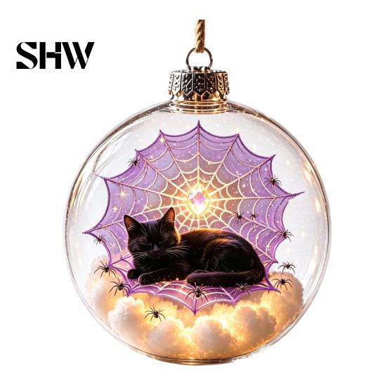 Halloween Hanging Decoration Glowing Sphere, Lighted Clear Ball Ornament, Cute Witch Seasonal Home Cat, LED for Indoor Mantel Party Decor Garden