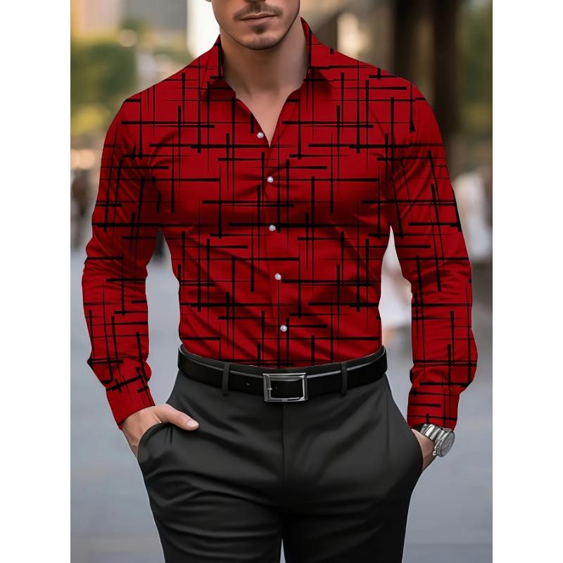 Men'S Stylish Geometric Print Long Sleeve Shirt Casual Button-Up with Lapel Collar,Perfect for Spring & Fall Pattern