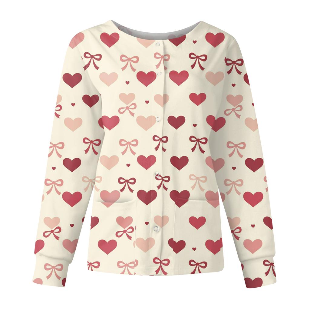 Women's Casual Fashion Long Sleeve Standing Collar Single Breasted Valentine's Day Print Workwear Jacket Tops