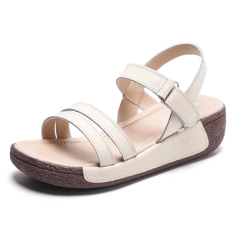 Summer Thick Bottom Genuine Leather Sandalias Ladies Soft Non-Slip Wedges Shoes Fashion Lightweight Wedge Heels Sandals Women
