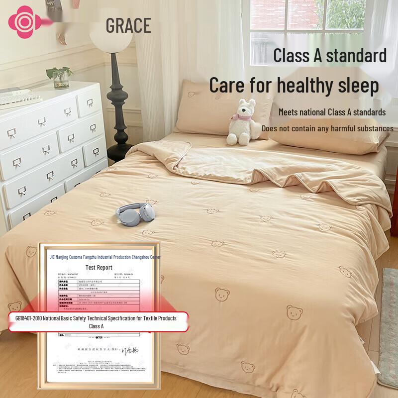 Grace Embroidered Washed Cotton Summer Quilt Set - Milk Tea Bear