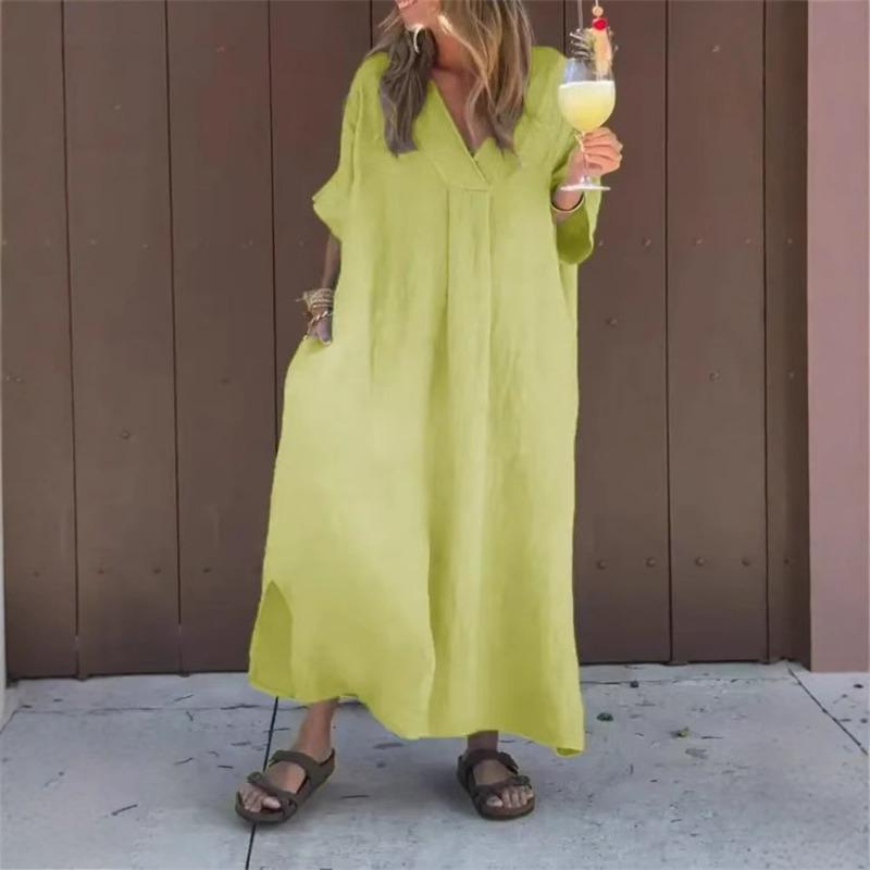 Womens Casual Short Sleeve V Neck Solid Color Long Dress