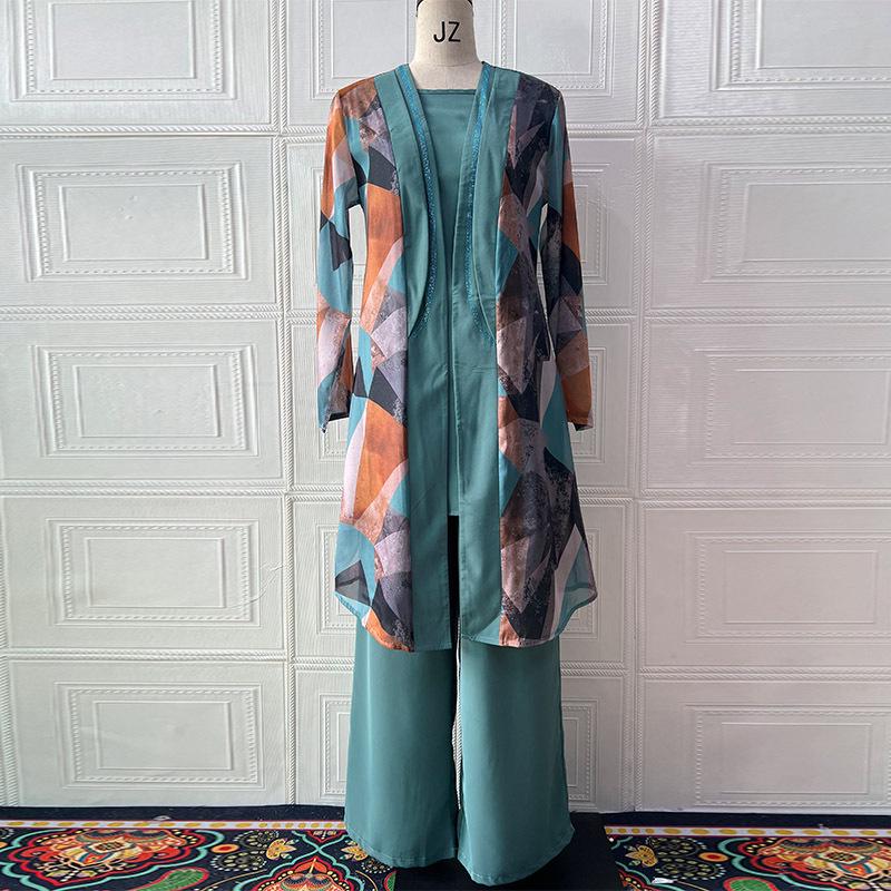European & American Women's Summer Fashion: Light, Breathable 3-Piece Set with Printed High-Waisted Pants and Jacket.