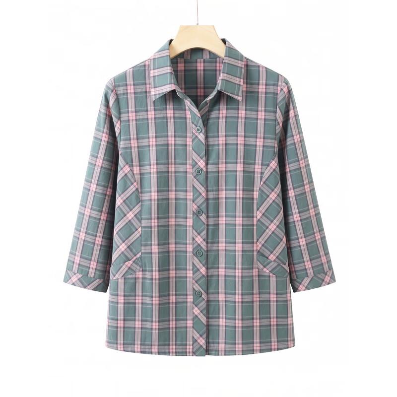 Hodo Women's Mid-Aged Pure Cotton Seven-Sleeve Plaid Blouse