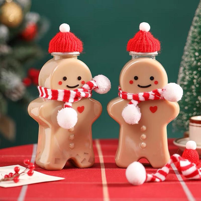 Diy Christmas Snowman Milk Tea Bottle Bear Plastic Drinking Cup Christmas Tree Transparent Coffee Milk Tea Bottle Sealed Cup Set