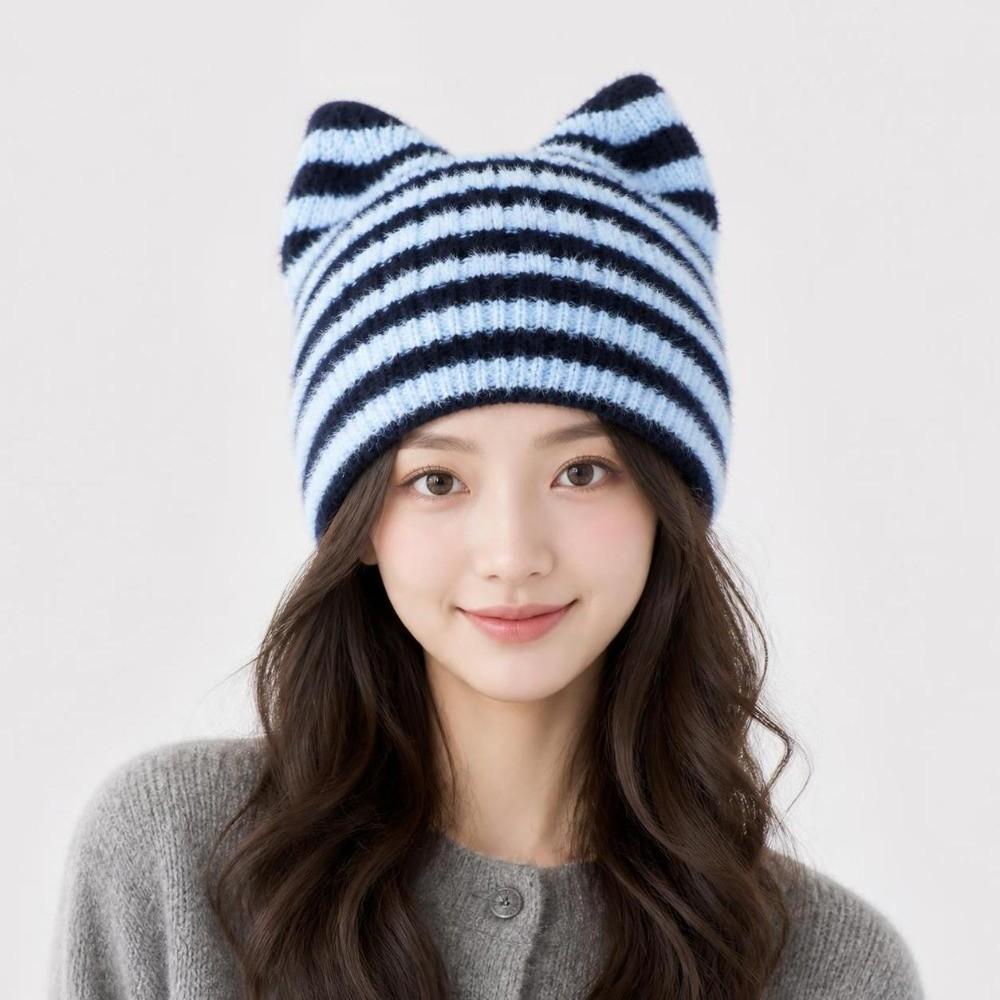 Winter Cat Ears Beanie Hat Striped Ear Protection Wool Cap Wool Knitted Cap for Women Girls