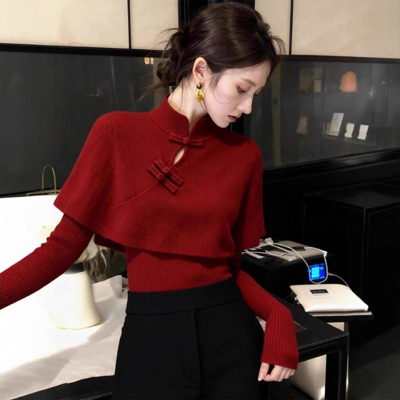 Осенний вязаный свитер с двумя предметами Onesize красный 2890₽