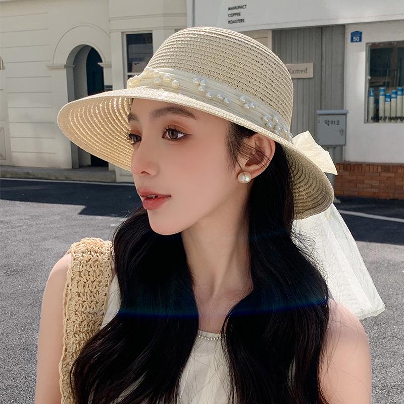 Large Brim Sun Hat Children'S Summer French Elegant Bow Webbing Straw Hat Versatile Sunscreen Visor