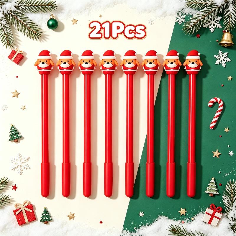 21Pcs Back To School Season Cute Cartoon Santa Dog Design Writing Pen, Student Stationery, Red Slim Body Decorative Pen, Lovely Christmas Animal Toppe