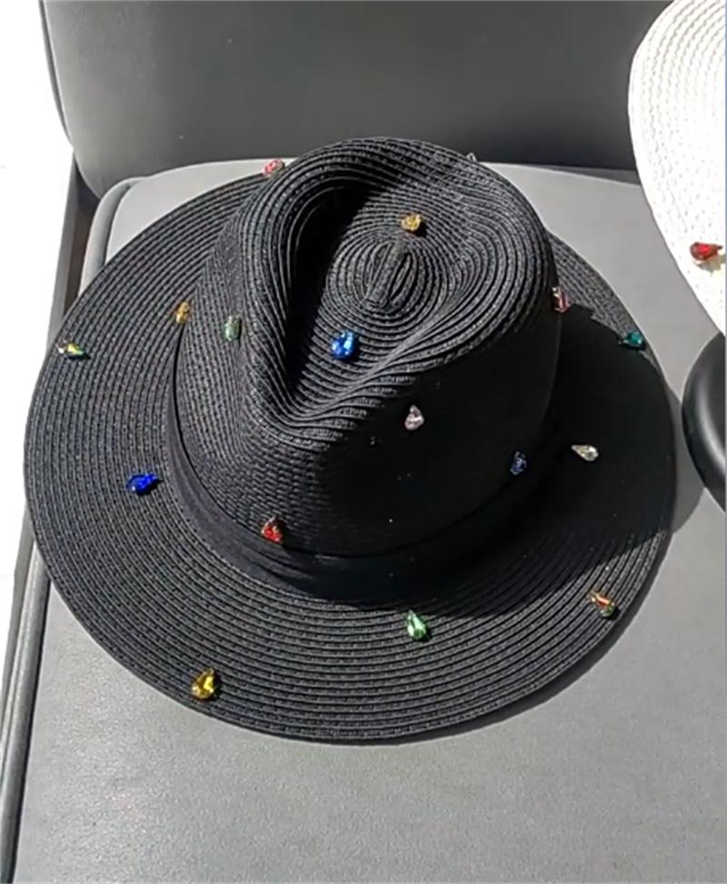 

202601-shi ins chic summer paper grass Hand sewn colorful drill shine brightly lady fedoras cap women leisure panama jazz hat head size 57cm чорний