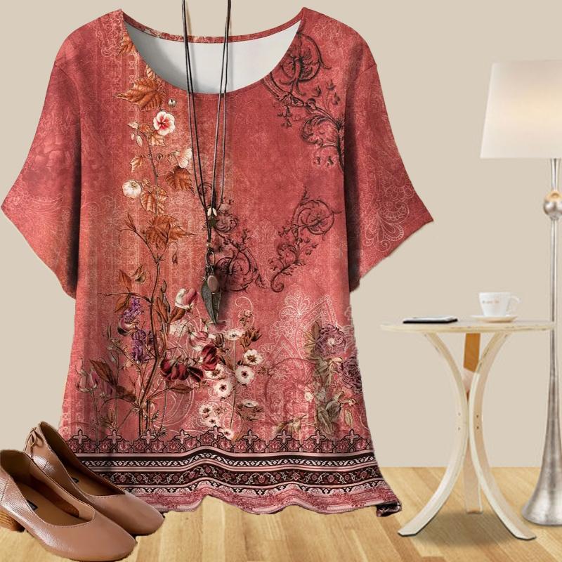 

Женская повседневная свободная весенняя рубашка, женские топы с коротким рукавом и винтажным принтом в виде растений и ромашек 8XL красный