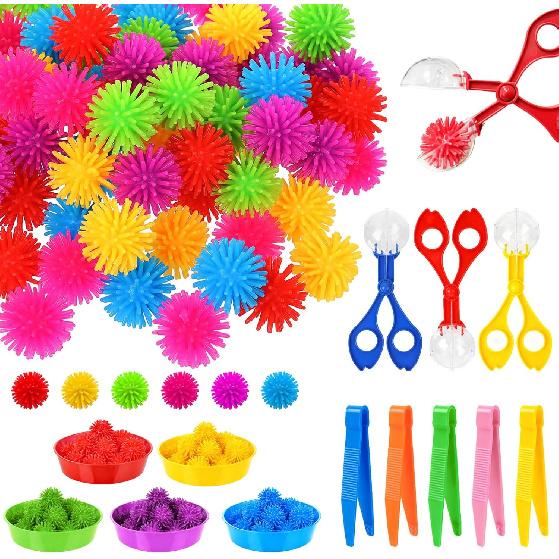 85 Pcs Sensory Bin Filler Kit with Tools Fine Motor Skills Set Counting Sorting Training Set with 72 Hedge Balls 5 Tweezers 3 Scissors Clips 5 Cups Classic