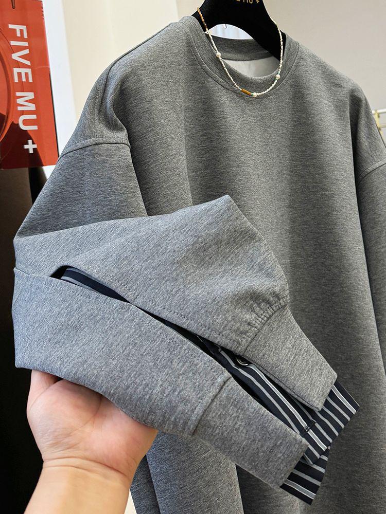 Damen Chic Samt Patchwork Zweiteiliger Look Sweatshirt: Gemütliches, Entspanntes Herbst-/Winter-Oberteil mit Rundhalsausschnitt