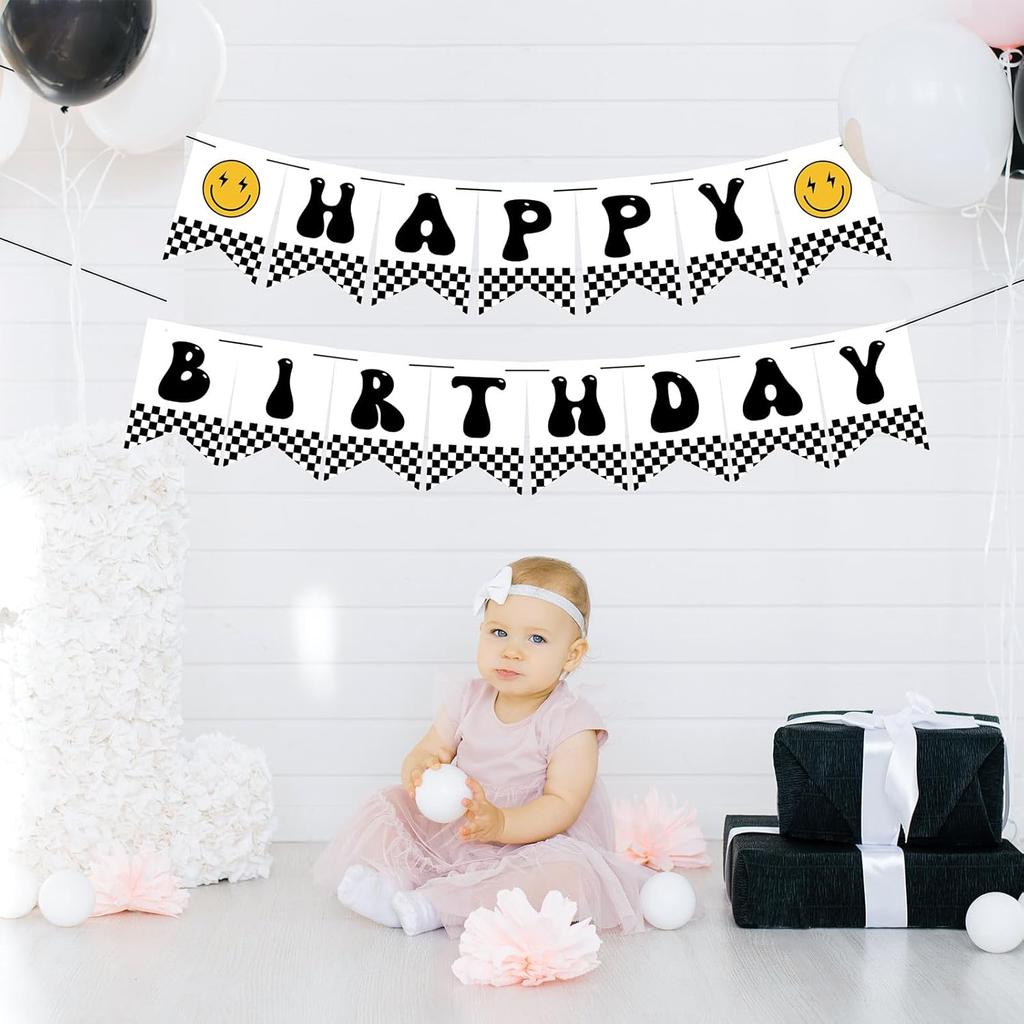 One Happy Dude Birthday Banner Hippie Groovy Smile Face Bunting Garland Handmade Party Paper Banner for First Birthday Party Baby Shower Backdrop