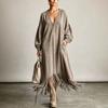 Women's Color V-Neck Long Sleeve Loose Fit Dress with Pockets and