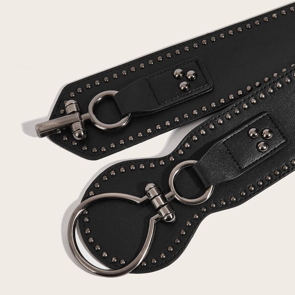 Fashion Solid Color Large Circular Buckle And Rivet Design Wide Waistband For Women