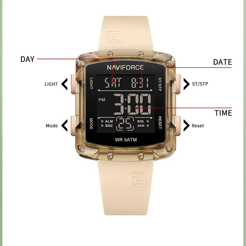 NAVIFORCE Original Unisex Digital Watch for Women Men LCD Display Luminous Pattern Chronograph Silicone Strap Waterproof Boys Girls Watch NF7121