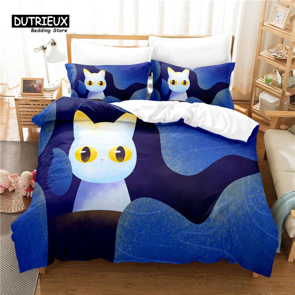Funny Cat Duvet Cover Microfiber Pet Bedding Set Full King For Kids Child Cat Lovers Decor Cute Animal Quilt Cover Pillowcases