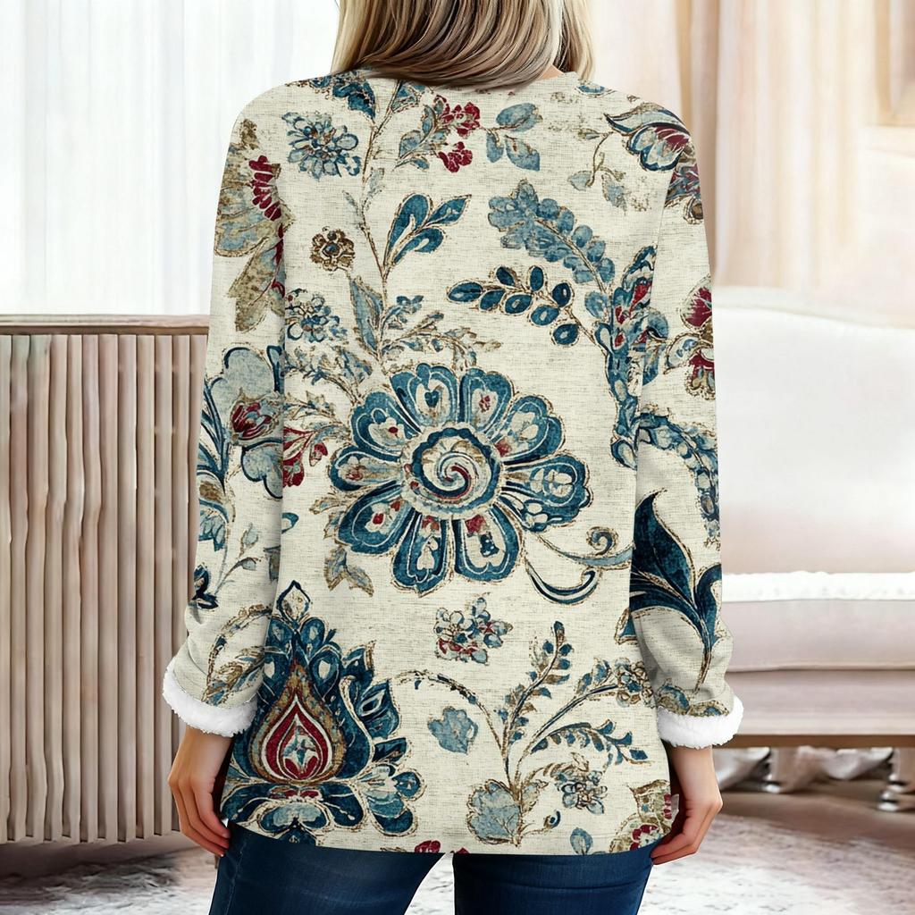 Haut pull-over chaud en peluche à manches longues et col rond imprimé tendance pour femmes
