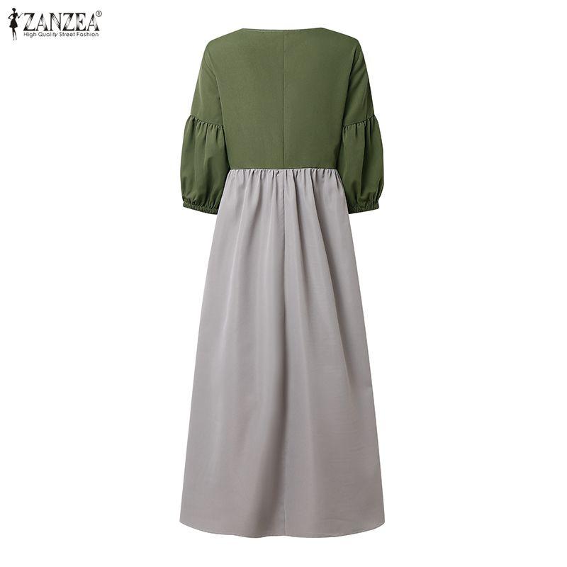 ZANZEA Lässiges, langes Kleid mit V-Ausschnitt und 3/4-Ärmeln für Damen