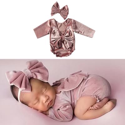 Infant Girl Photoshoots Romper with Large Back Bowknot and Matching Headwear Set Newborns Photography Jumpsuit