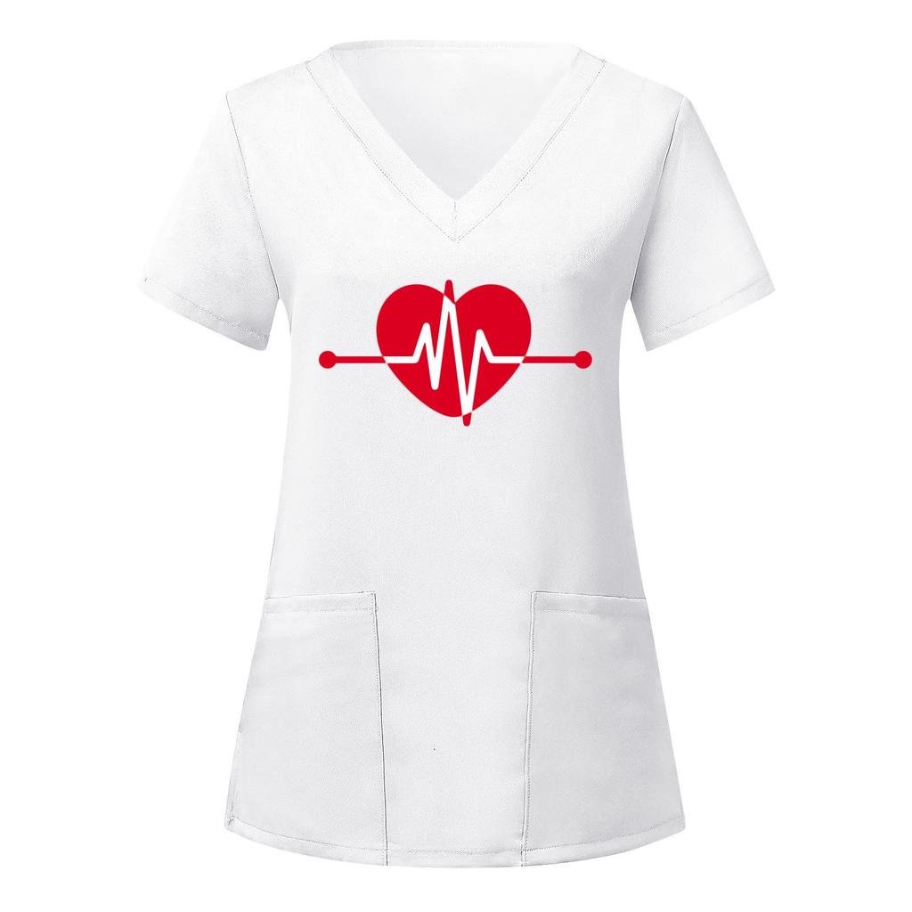 European and American Nurse Caregiver V-Neck Print Shirt with Large Pocket, Short Sleeve T-shirt for Women