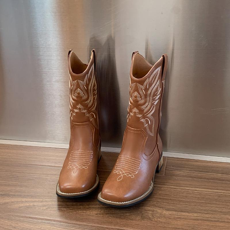Cowhide version~ 2025 new embroidered long knight boots square head thick heel boots autumn leather western cowboy boots women
