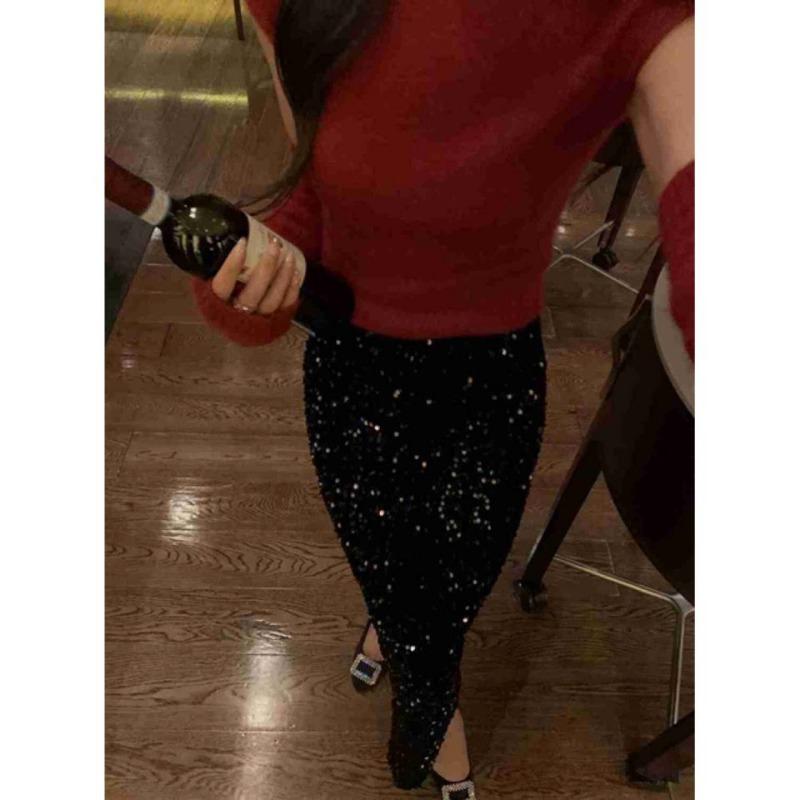 Kadın Yaz Yüksek Bel İnce Pullu Streç Düz Uzun Yarım Etek