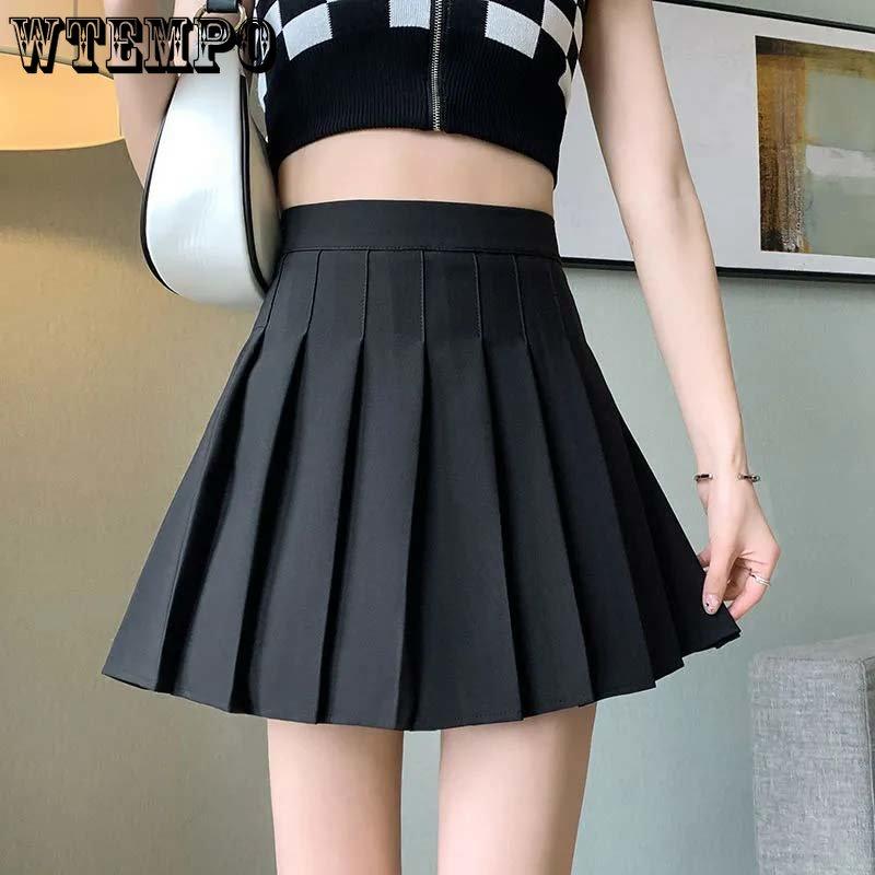 Pleated Skirt A-line High Waist Women Back Zipper Built-in Anti-light Safety Pants Slim Black Grey Hotswet Preppy Style Casual