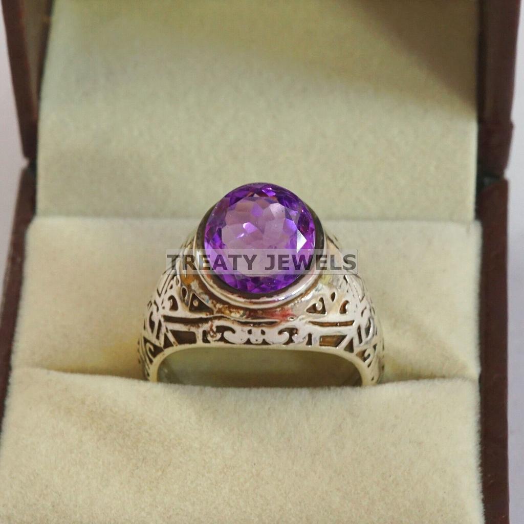 Amethyst Oval geschliffener Edelstein mit 925er Sterling Silber Ring für Herren #A672 JL375658840031