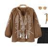 Tooxika New Large Size Women's Tops Ethnic Style Embroidered Blouse Tassel Drawstring Shirt