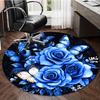 Luxurious Crystal Velvet Round Area Rug with Vibrant Blue Roses & Butterflies Design – Non-Slip, Soft Polyester Mat for Bedroom,
