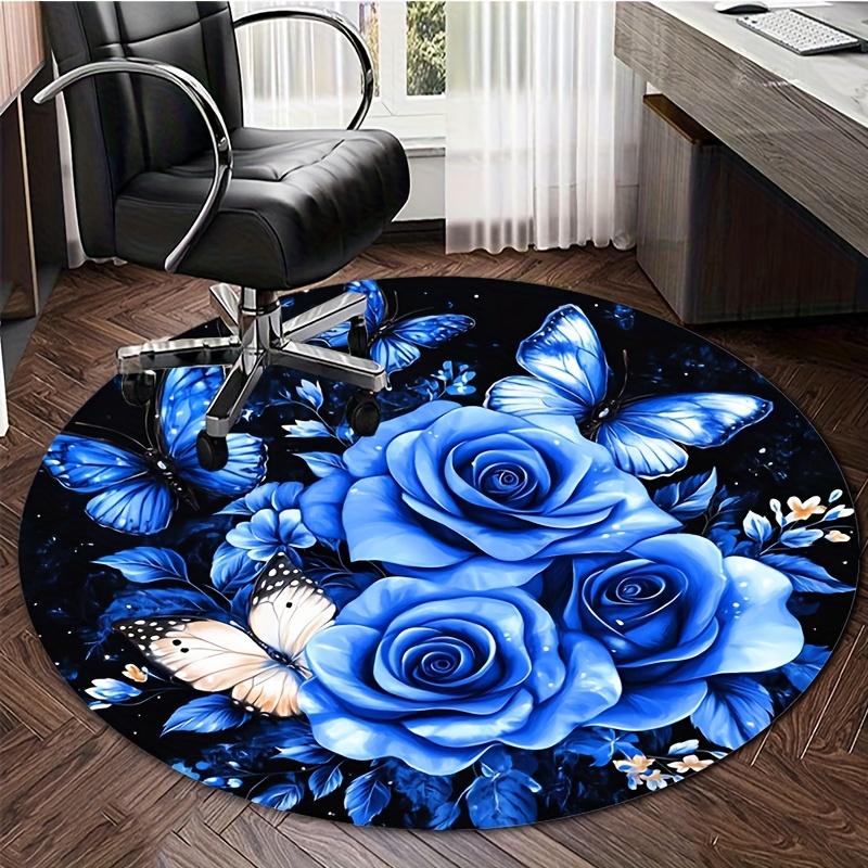 Luxurious Crystal Velvet Round Area Rug with Vibrant Blue Roses & Butterflies Design – Non-Slip, Soft Polyester Mat for Bedroom,