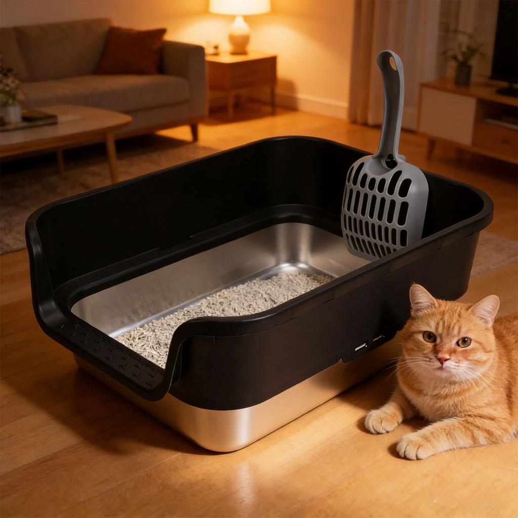 Cat Litter Box Large Size Open Top High Sided Easy Cleaning Stainless Steel Cat Litter Box for Home
