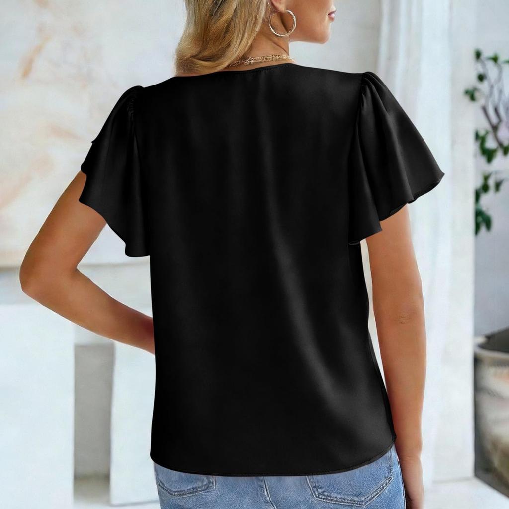 Modna damska koszula top z dekoltem V w kolorze, plisowana, luźna, z falbankowym brzegiem, z krótkim rękawem